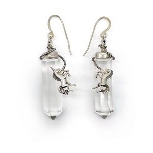 Vintage Sterling Silver Clear Quartz Unicorn Crystal Point Dangle Earrings 2”